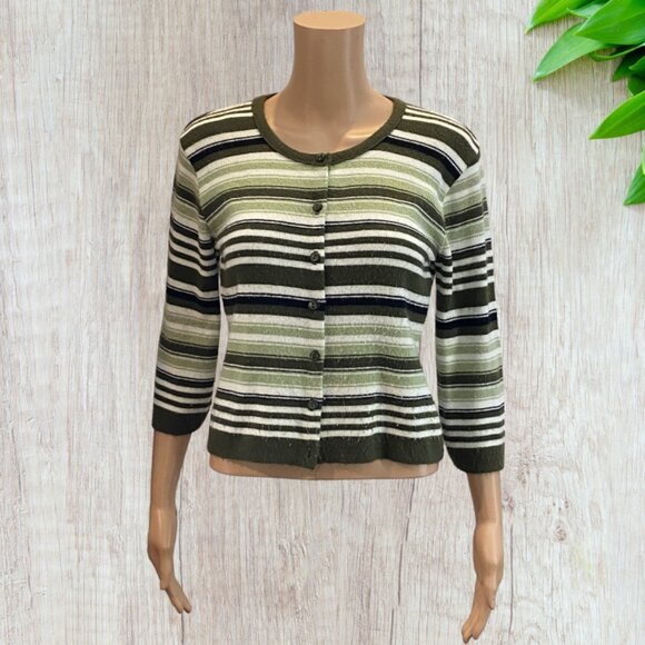 VINTAGE SUGAR -- Sweater, Lightweight, Green and White Striped, 3/4 Sleeves - Picture 2 of 16